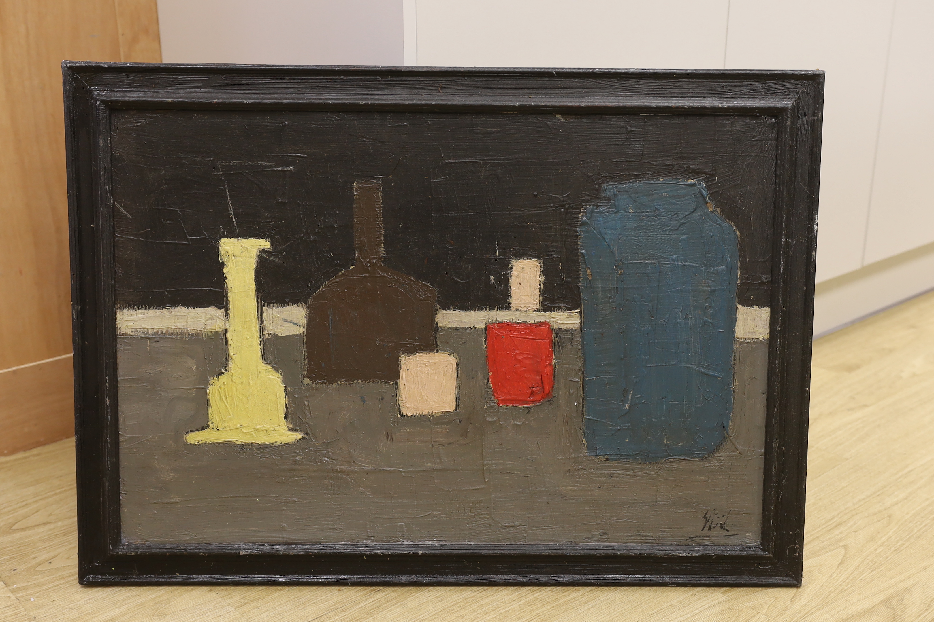 After Nicholas De Stael (1914-1955) abstract impasto oil on board, Still life of vessels, 75 x 50cm
